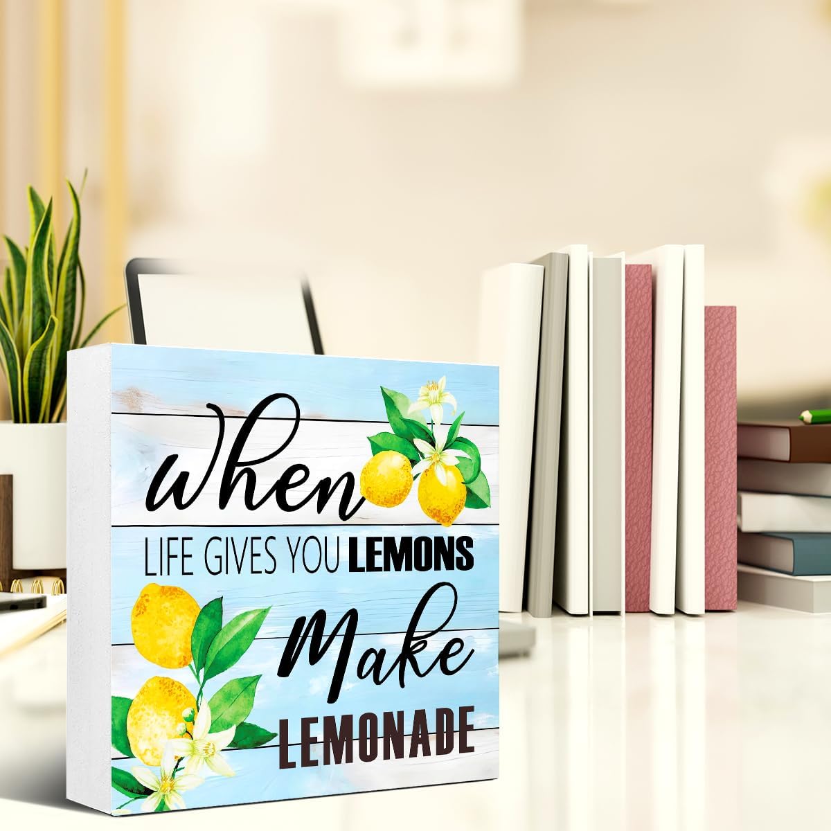 Lemons Kitchen Decor Sign For Countertops, When Life Gives You Lemons Make Lemonade Sign, Small Lemon Theme Yellow Kitchen Decor Accessories For Desk Shelf, Lemonade Bar Signs V517