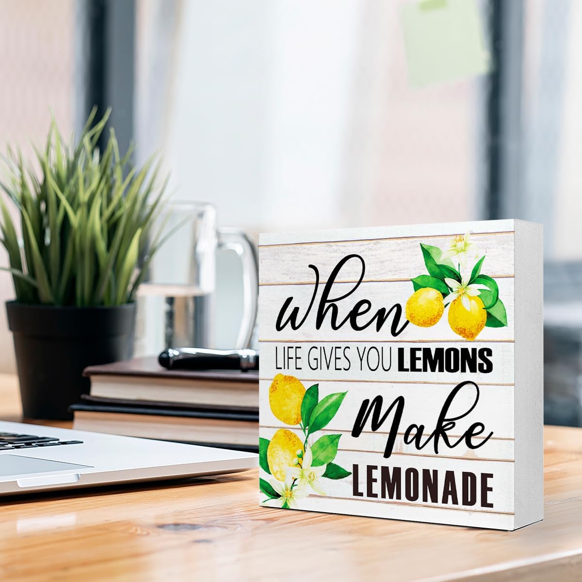 Lemons Kitchen Decor Sign For Countertops, When Life Gives You Lemons Make Lemonade Sign, Small Lemon Theme Yellow Kitchen Decor Accessories For Desk Shelf, Lemonade Bar Signs V517