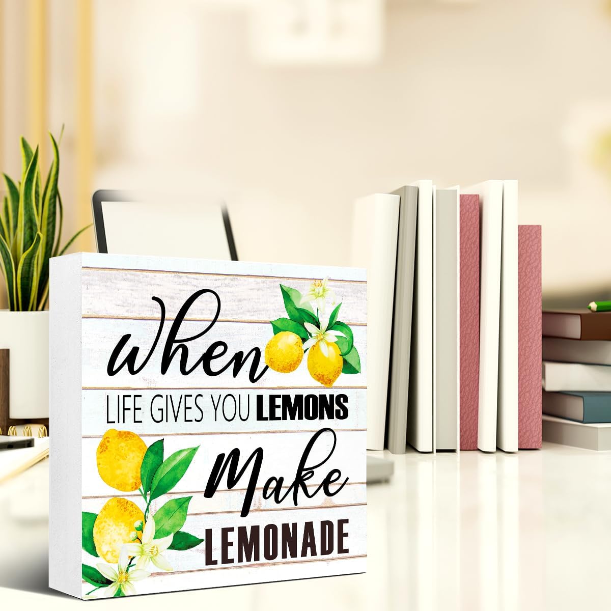 Lemons Kitchen Decor Sign For Countertops, When Life Gives You Lemons Make Lemonade Sign, Small Lemon Theme Yellow Kitchen Decor Accessories For Desk Shelf, Lemonade Bar Signs V517