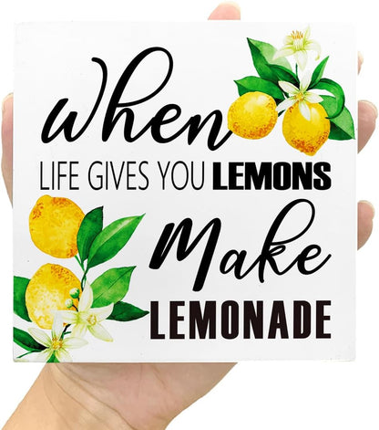 Lemons Kitchen Decor Sign For Countertops, When Life Gives You Lemons Make Lemonade Sign, Small Lemon Theme Yellow Kitchen Decor Accessories For Desk Shelf, Lemonade Bar Signs V517