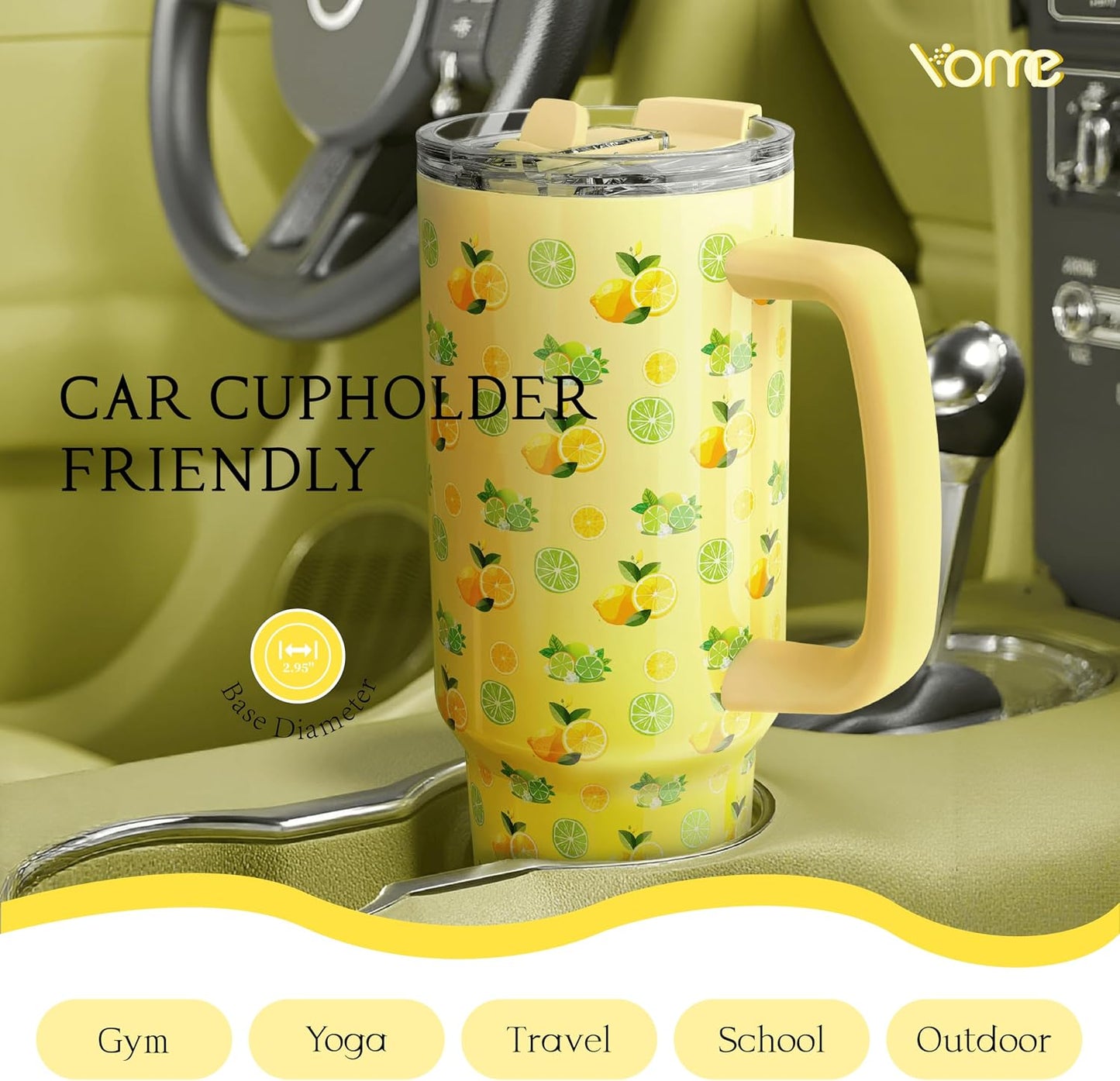YOME 40 oz Lemon Yellow Tumbler with Handle and Flip Straw for Women | Stainless Steel Insulated Water Bottle | Keeps Drinks Cold | Dishwasher Safe | Cupholder Friendly | Gift Gym Travel Yoga