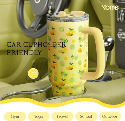 YOME 40 oz Lemon Yellow Tumbler with Handle and Flip Straw for Women | Stainless Steel Insulated Water Bottle | Keeps Drinks Cold | Dishwasher Safe | Cupholder Friendly | Gift Gym Travel Yoga