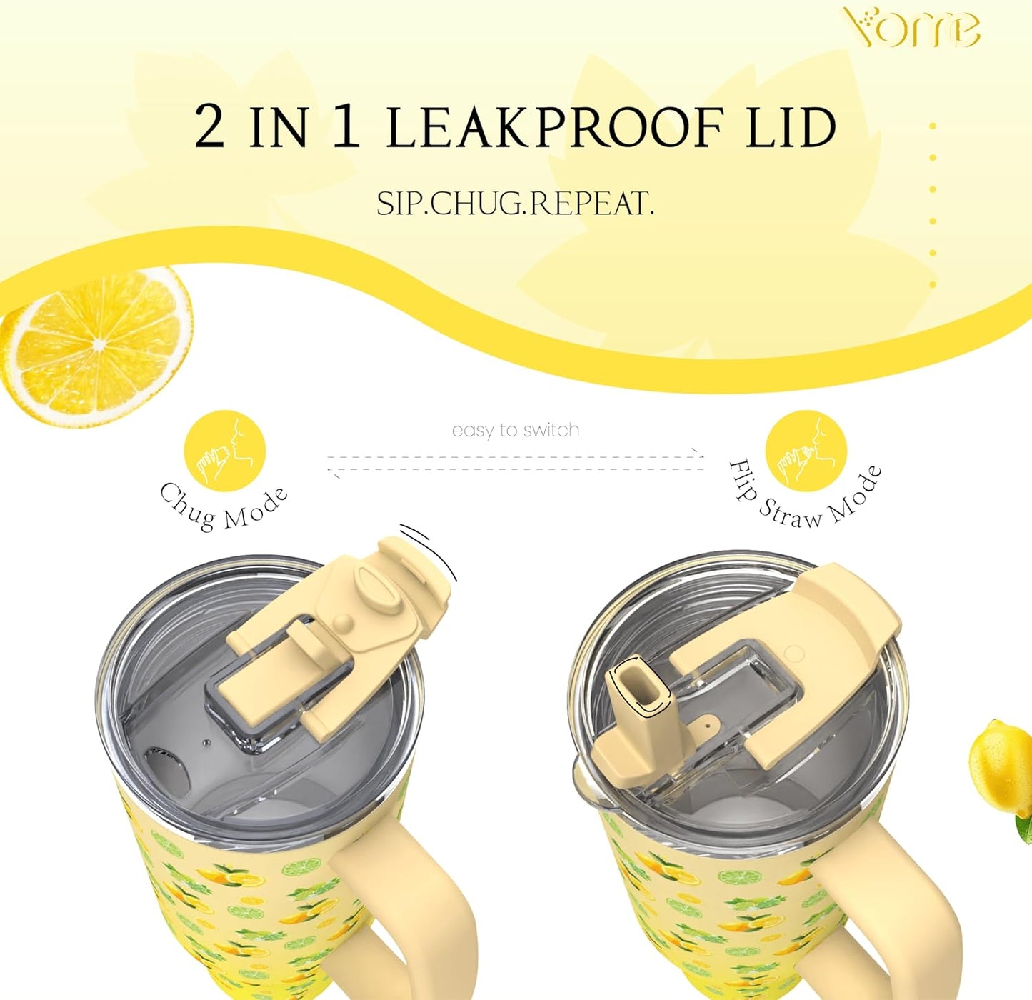 YOME 40 oz Lemon Yellow Tumbler with Handle and Flip Straw for Women | Stainless Steel Insulated Water Bottle | Keeps Drinks Cold | Dishwasher Safe | Cupholder Friendly | Gift Gym Travel Yoga
