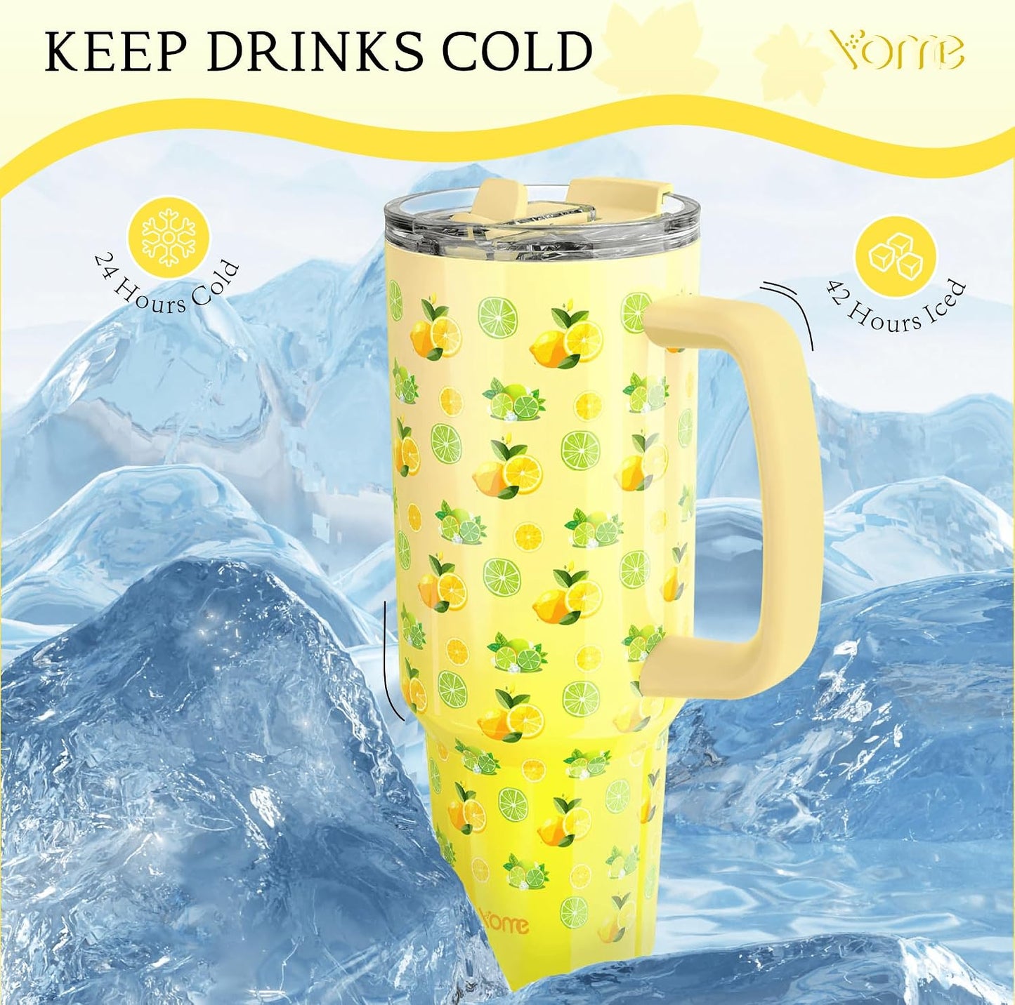 YOME 40 oz Lemon Yellow Tumbler with Handle and Flip Straw for Women | Stainless Steel Insulated Water Bottle | Keeps Drinks Cold | Dishwasher Safe | Cupholder Friendly | Gift Gym Travel Yoga
