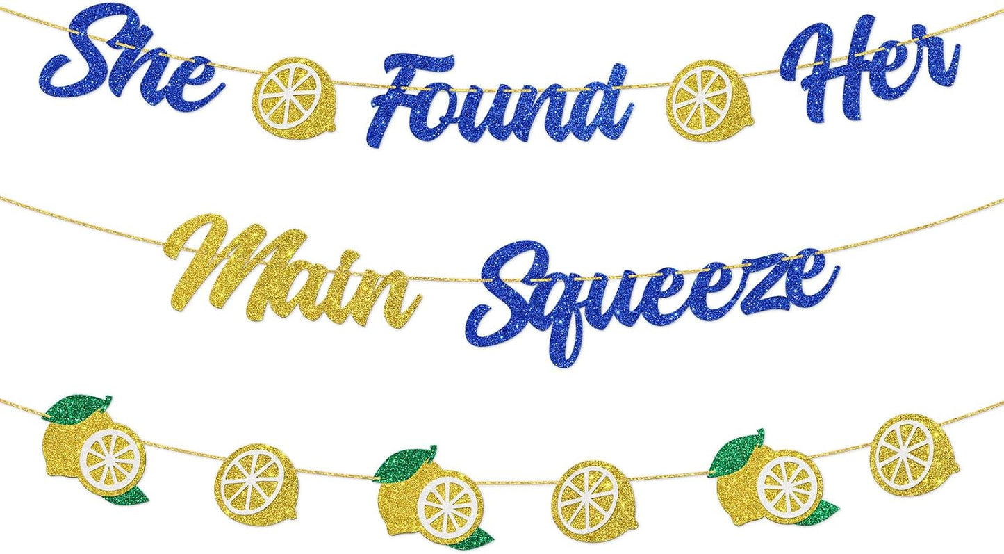 DUOMIMI She Found Her Main Squeeze Banner Lemon Theme Bridal Shower Bride to Be Wedding Engagement Bachelorette Party Supplies Gold Blue Glitter