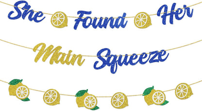 DUOMIMI She Found Her Main Squeeze Banner Lemon Theme Bridal Shower Bride to Be Wedding Engagement Bachelorette Party Supplies Gold Blue Glitter