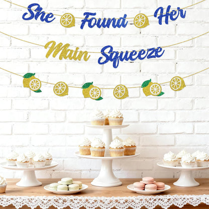 DUOMIMI She Found Her Main Squeeze Banner Lemon Theme Bridal Shower Bride to Be Wedding Engagement Bachelorette Party Supplies Gold Blue Glitter