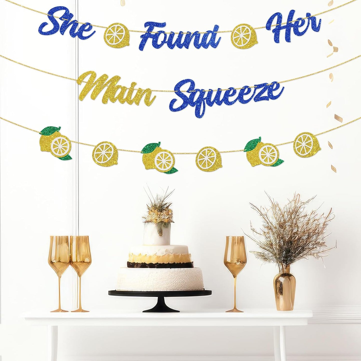 DUOMIMI She Found Her Main Squeeze Banner Lemon Theme Bridal Shower Bride to Be Wedding Engagement Bachelorette Party Supplies Gold Blue Glitter