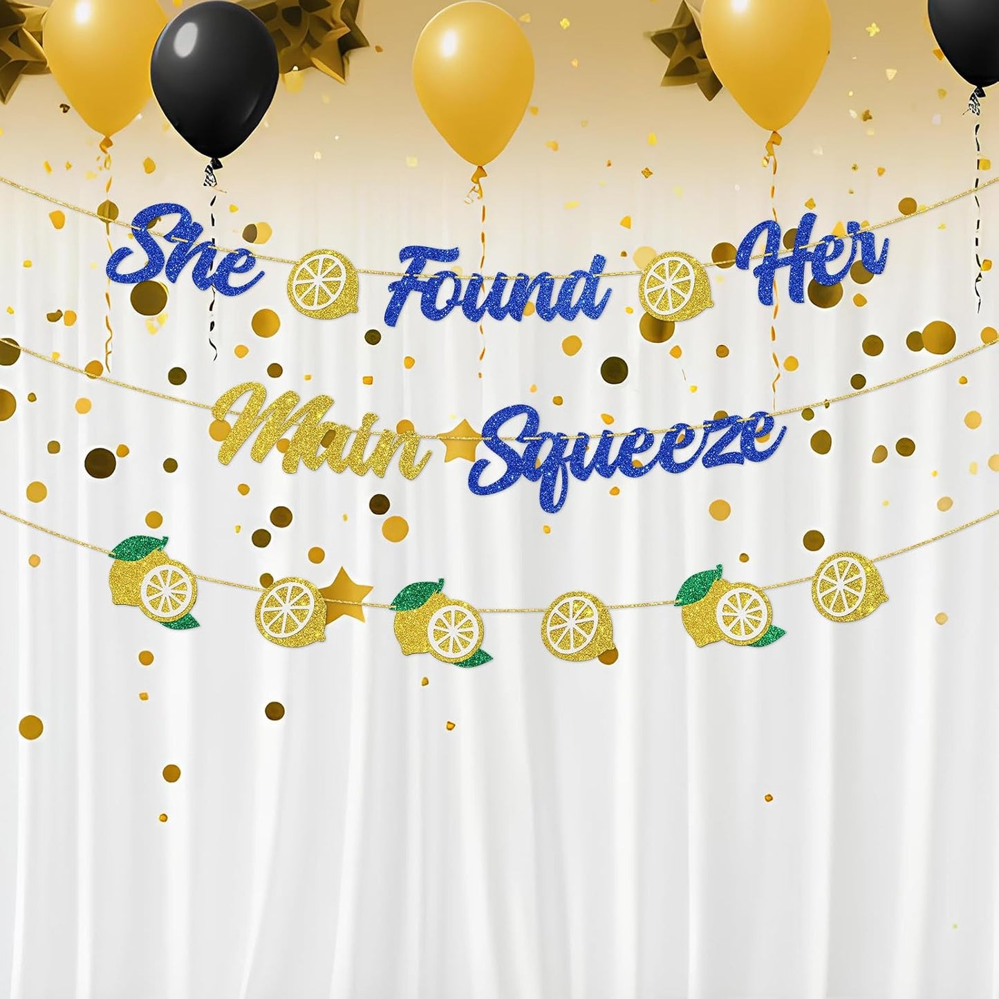 DUOMIMI She Found Her Main Squeeze Banner Lemon Theme Bridal Shower Bride to Be Wedding Engagement Bachelorette Party Supplies Gold Blue Glitter