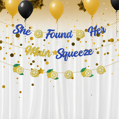 DUOMIMI She Found Her Main Squeeze Banner Lemon Theme Bridal Shower Bride to Be Wedding Engagement Bachelorette Party Supplies Gold Blue Glitter