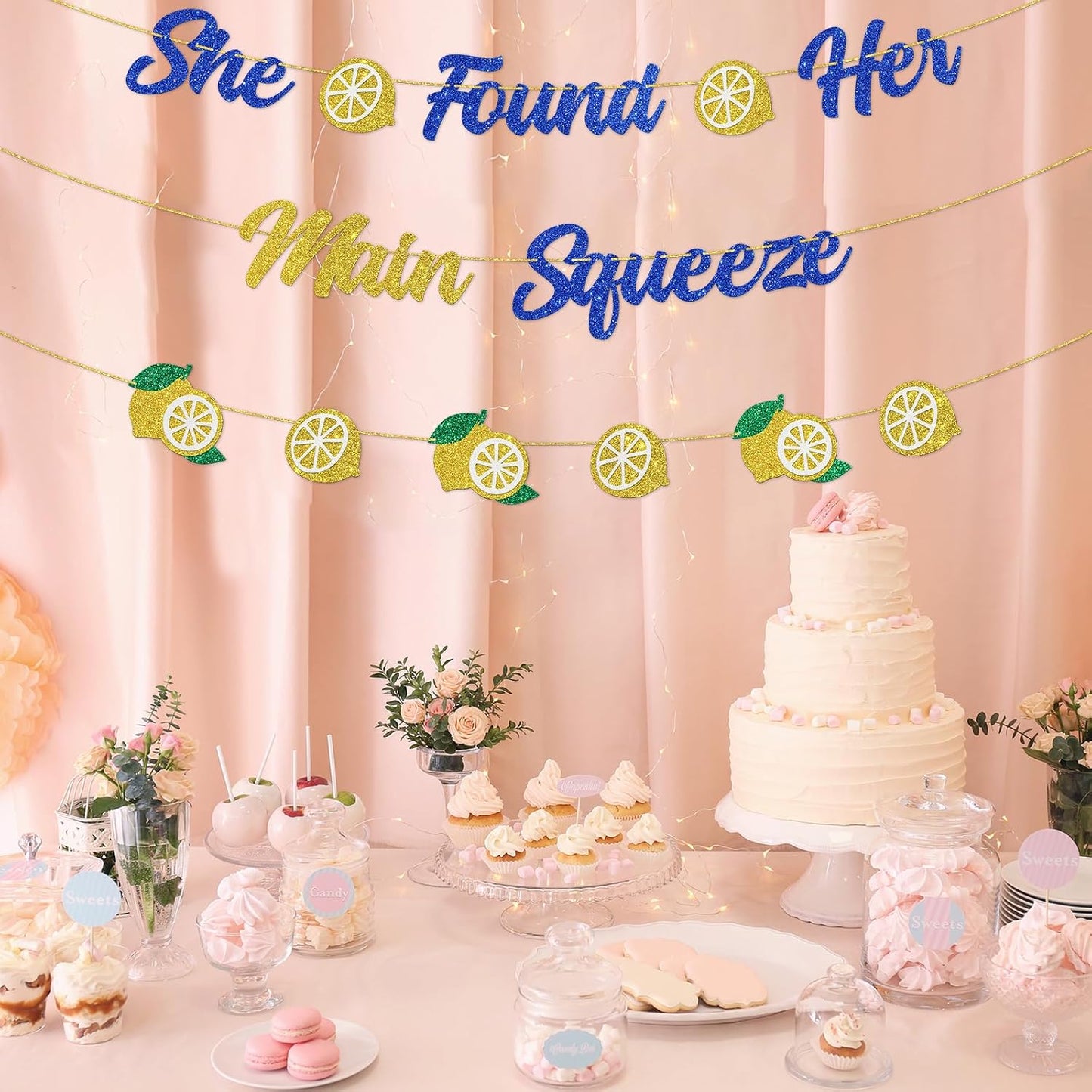 DUOMIMI She Found Her Main Squeeze Banner Lemon Theme Bridal Shower Bride to Be Wedding Engagement Bachelorette Party Supplies Gold Blue Glitter