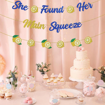 DUOMIMI She Found Her Main Squeeze Banner Lemon Theme Bridal Shower Bride to Be Wedding Engagement Bachelorette Party Supplies Gold Blue Glitter