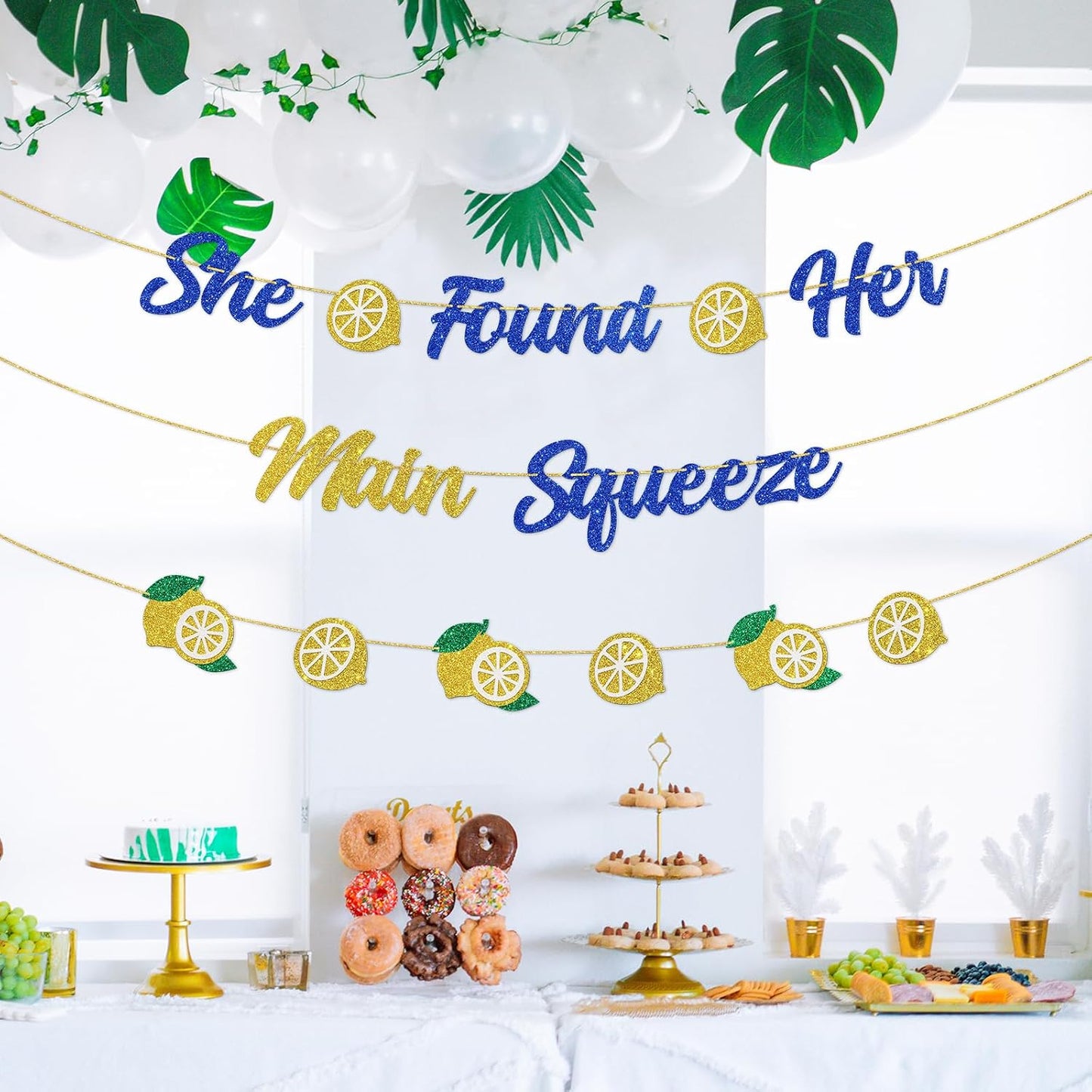 DUOMIMI She Found Her Main Squeeze Banner Lemon Theme Bridal Shower Bride to Be Wedding Engagement Bachelorette Party Supplies Gold Blue Glitter