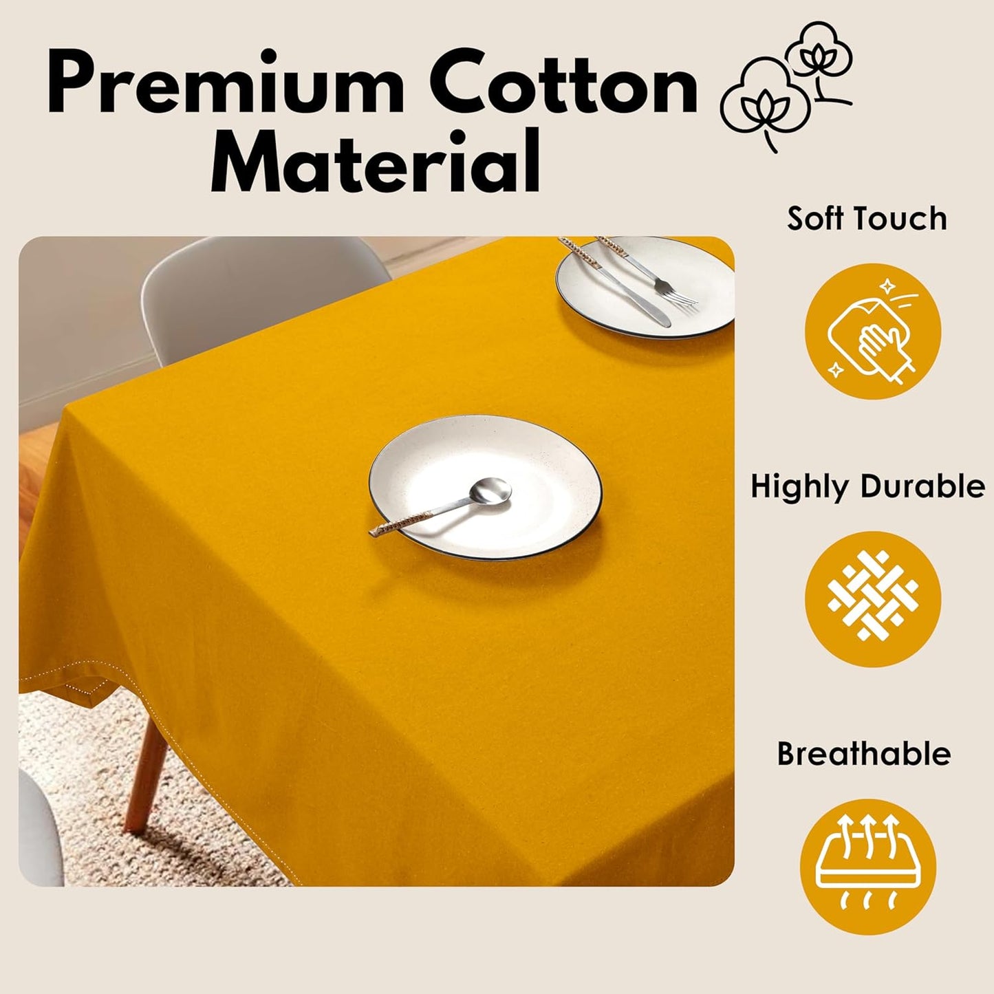 Farmhouse 52"x70" Tablecloth 100% Cotton Washable Rustic Rectangle Table Cover for Gifts, Dining, BBQ, Buffet Parties & Camping - Mustard Yellow