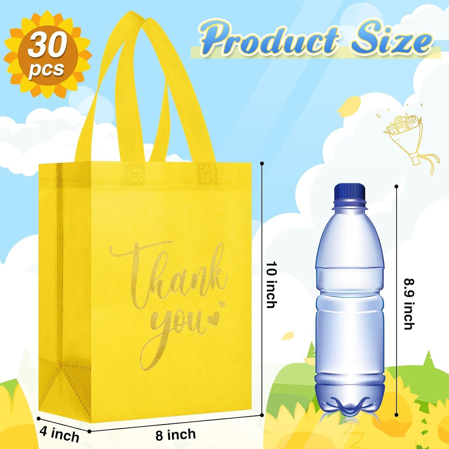 30 Pcs Thank You Gift Bags with Handles, Reusable Non Woven Foldable Goodie Bags Bulk for Back to School Appreciation Wedding Bridesmaid Favors(10 x 8 x 4 Inch,Yellow)