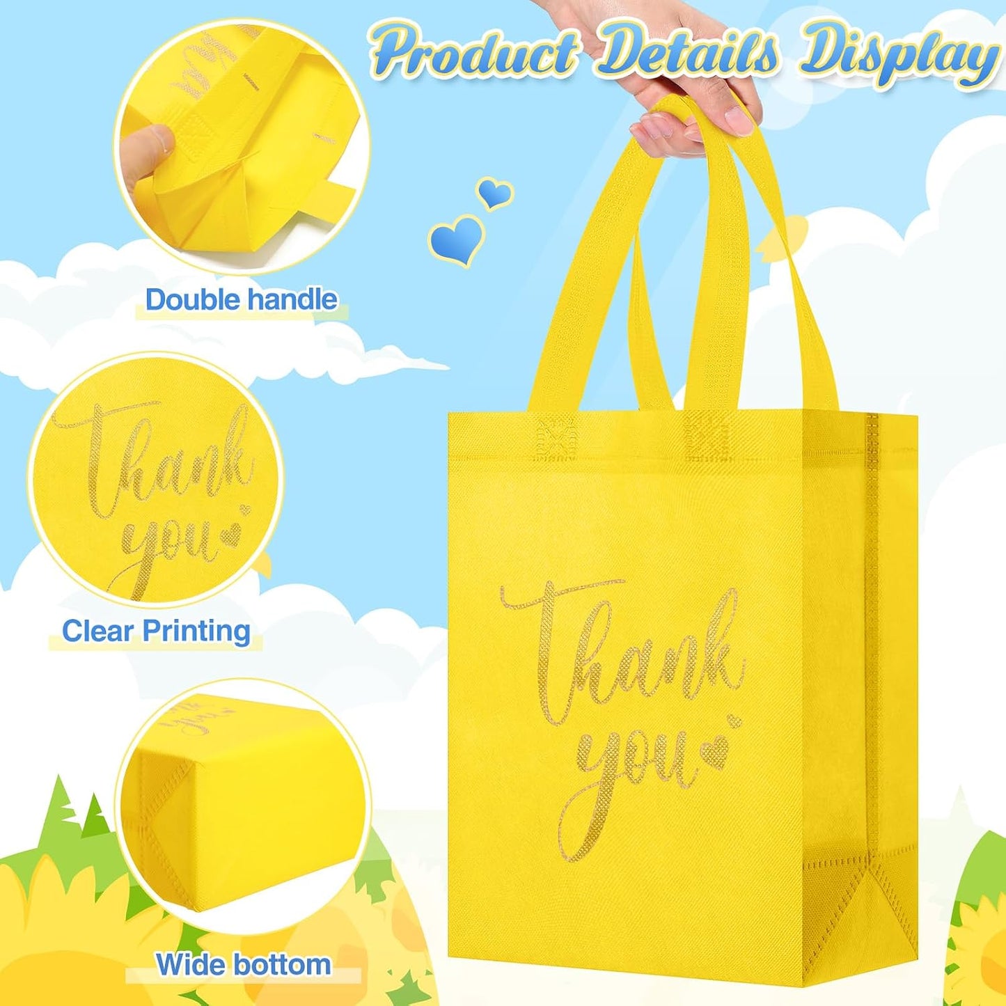 30 Pcs Thank You Gift Bags with Handles, Reusable Non Woven Foldable Goodie Bags Bulk for Back to School Appreciation Wedding Bridesmaid Favors(10 x 8 x 4 Inch,Yellow)