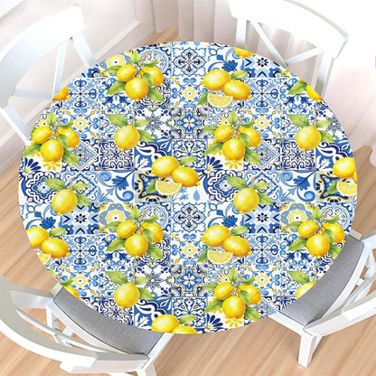 Lemon Round Fitted Tablecloth with Elastic Edge,Waterproof Wipeable Summer Yellow Blue Mediterranean Tile Flower Italian Table Cover for 40-44" Stretch Table Cloth for Dinner Indoor Outdoor Party