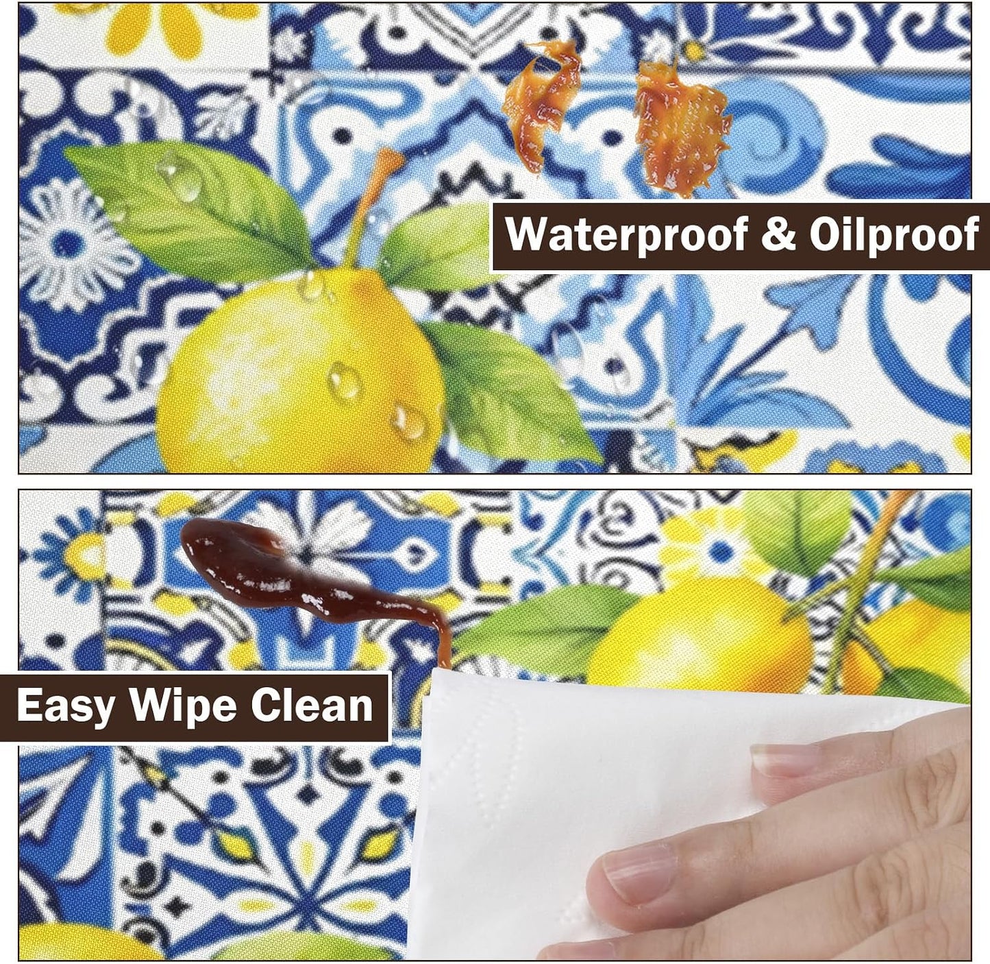 Lemon Round Fitted Tablecloth with Elastic Edge,Waterproof Wipeable Summer Yellow Blue Mediterranean Tile Flower Italian Table Cover for 40-44" Stretch Table Cloth for Dinner Indoor Outdoor Party