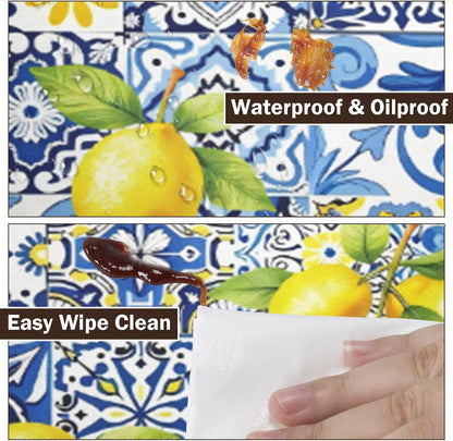 Lemon Round Fitted Tablecloth with Elastic Edge,Waterproof Wipeable Summer Yellow Blue Mediterranean Tile Flower Italian Table Cover for 40-44" Stretch Table Cloth for Dinner Indoor Outdoor Party
