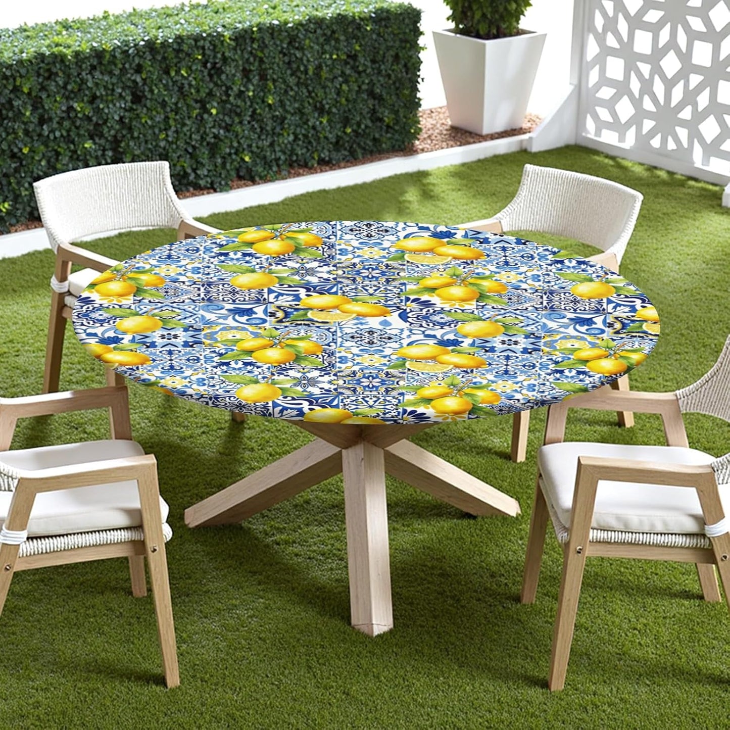 Lemon Round Fitted Tablecloth with Elastic Edge,Waterproof Wipeable Summer Yellow Blue Mediterranean Tile Flower Italian Table Cover for 40-44" Stretch Table Cloth for Dinner Indoor Outdoor Party