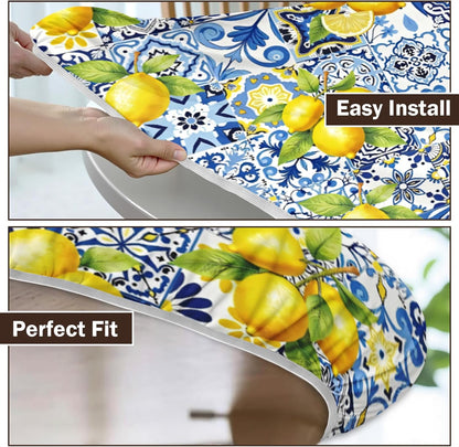 Lemon Round Fitted Tablecloth with Elastic Edge,Waterproof Wipeable Summer Yellow Blue Mediterranean Tile Flower Italian Table Cover for 40-44" Stretch Table Cloth for Dinner Indoor Outdoor Party