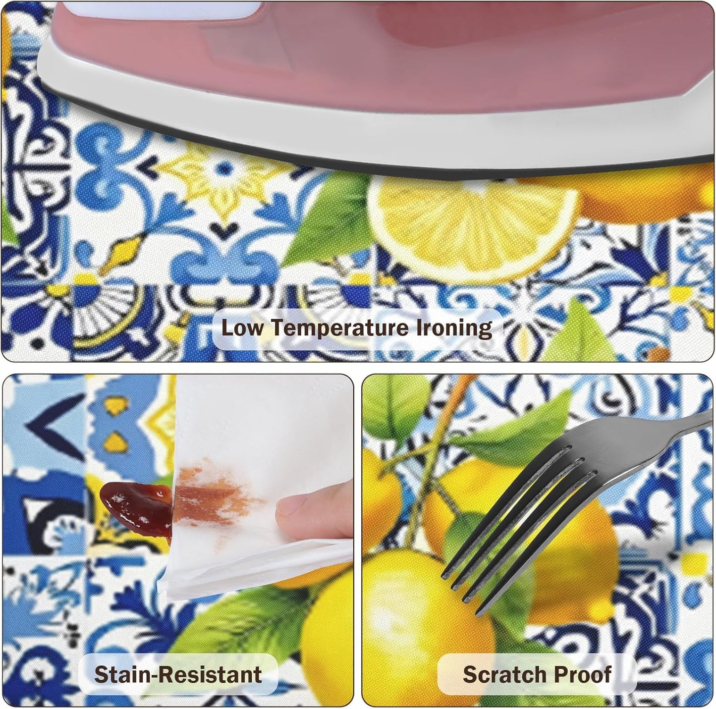 Lemon Round Fitted Tablecloth with Elastic Edge,Waterproof Wipeable Summer Yellow Blue Mediterranean Tile Flower Italian Table Cover for 40-44" Stretch Table Cloth for Dinner Indoor Outdoor Party