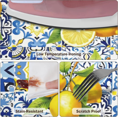 Lemon Round Fitted Tablecloth with Elastic Edge,Waterproof Wipeable Summer Yellow Blue Mediterranean Tile Flower Italian Table Cover for 40-44" Stretch Table Cloth for Dinner Indoor Outdoor Party