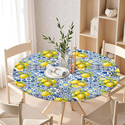 Lemon Round Fitted Tablecloth with Elastic Edge,Waterproof Wipeable Summer Yellow Blue Mediterranean Tile Flower Italian Table Cover for 40-44" Stretch Table Cloth for Dinner Indoor Outdoor Party