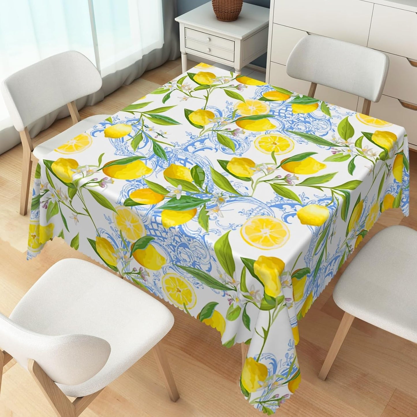70x70inches Lemon Square Tablecloth Italian Lemon and Blue Floral Pattern Table Cloth Spill Proof and Oil Proof Fabric Table Cover for Kitchen Dining Room Picnic Indoor Outdoor Party Decor