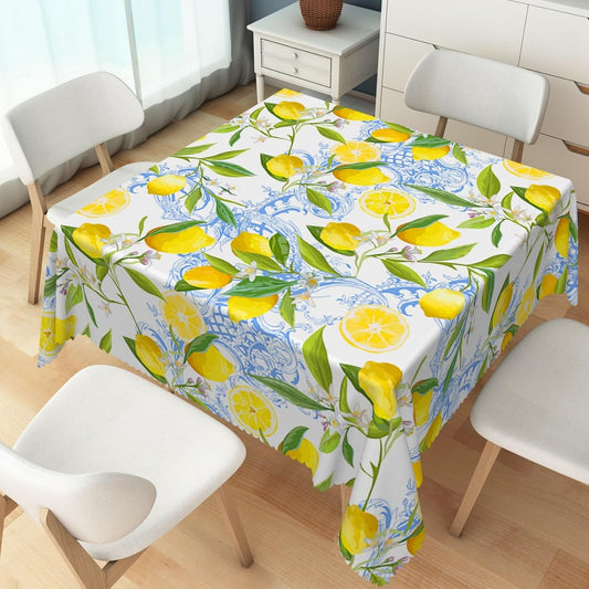 70x70inches Lemon Square Tablecloth Italian Lemon and Blue Floral Pattern Table Cloth Spill Proof and Oil Proof Fabric Table Cover for Kitchen Dining Room Picnic Indoor Outdoor Party Decor