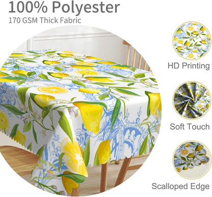 70x70inches Lemon Square Tablecloth Italian Lemon and Blue Floral Pattern Table Cloth Spill Proof and Oil Proof Fabric Table Cover for Kitchen Dining Room Picnic Indoor Outdoor Party Decor