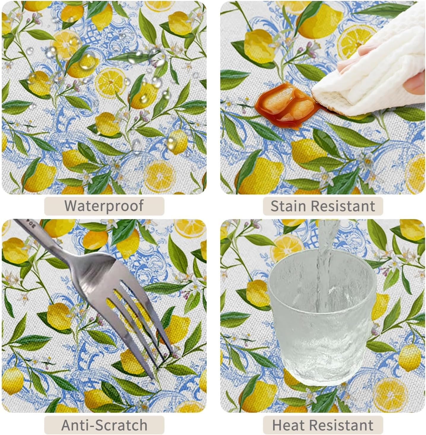 70x70inches Lemon Square Tablecloth Italian Lemon and Blue Floral Pattern Table Cloth Spill Proof and Oil Proof Fabric Table Cover for Kitchen Dining Room Picnic Indoor Outdoor Party Decor