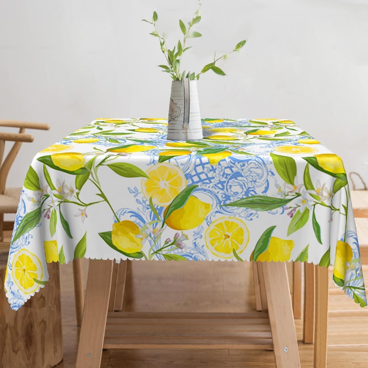 70x70inches Lemon Square Tablecloth Italian Lemon and Blue Floral Pattern Table Cloth Spill Proof and Oil Proof Fabric Table Cover for Kitchen Dining Room Picnic Indoor Outdoor Party Decor