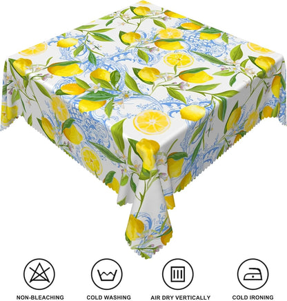 70x70inches Lemon Square Tablecloth Italian Lemon and Blue Floral Pattern Table Cloth Spill Proof and Oil Proof Fabric Table Cover for Kitchen Dining Room Picnic Indoor Outdoor Party Decor