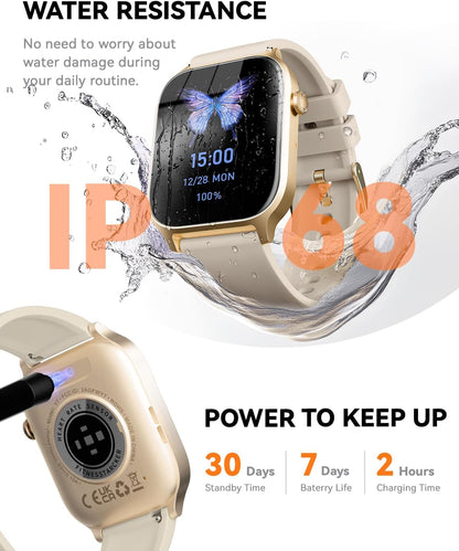 Smart Watches for Women Men, Fitness Tracker Watch with 110 Sports Modes, Step Counter/Sleep Monitor/Pedometer, IP68 Waterproof, Bluetooth Call & Music Control Smartwatch for iPhone/Android,Gold