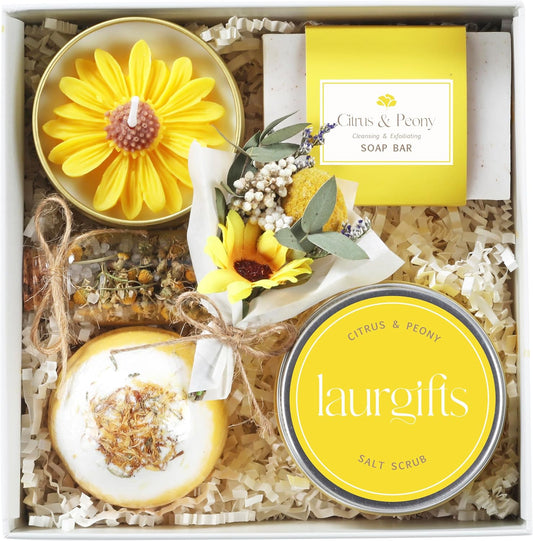 Birthday Gifts for Women – Yellow Sunshine Spa Gift Box, Luxury Bath & Self Care Package with Citrus & Peony Scent for Mom, Sister or Friend