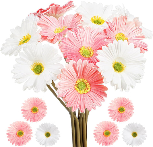 12 Pcs Artificial Gerbera Daisy Flowers PU Fake Daisy Decorations Realistic Touch Bouquet with Stems Home Table Centerpieces for Wedding Birthday Baby Shower Party Supplies (Pink,White,Yellow)