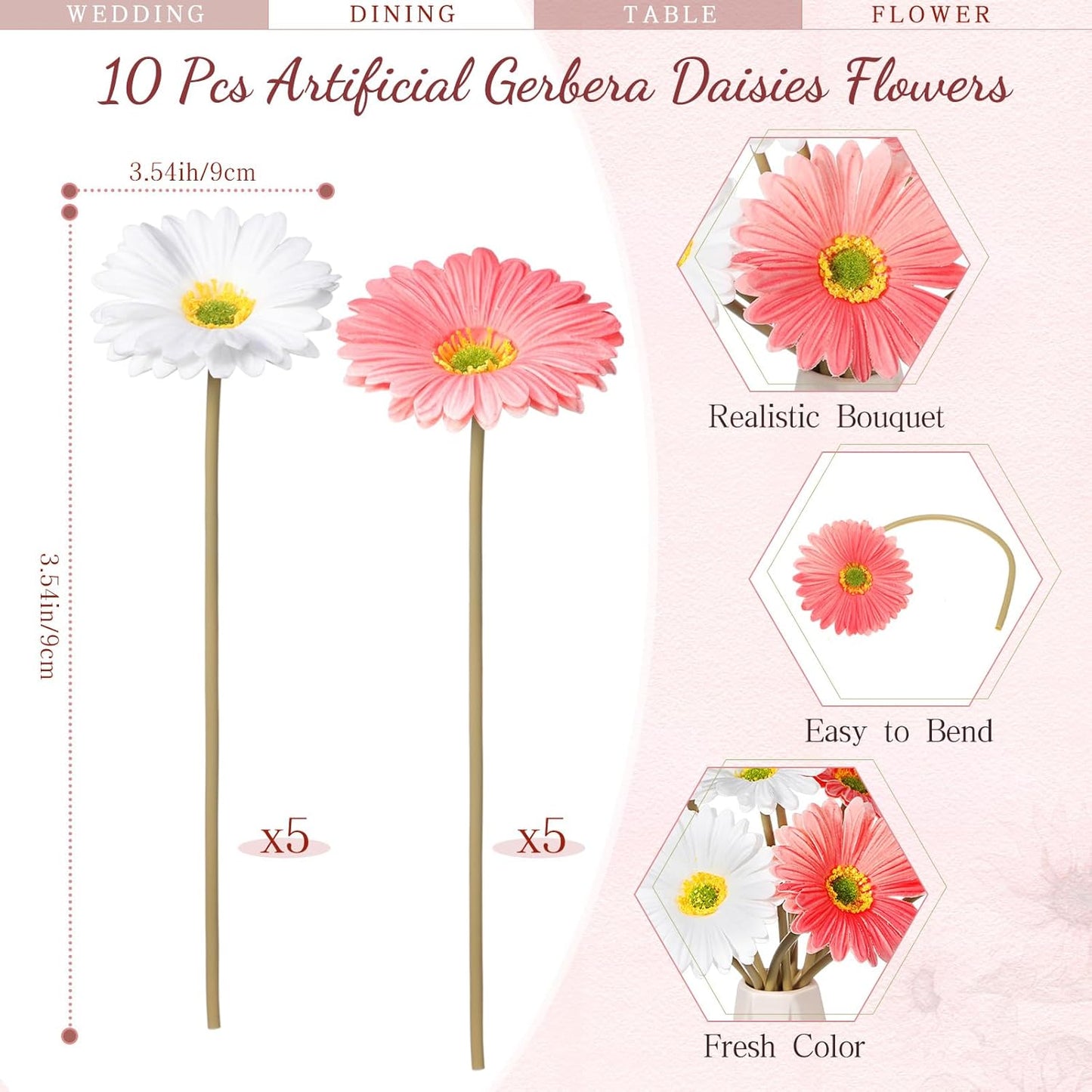 12 Pcs Artificial Gerbera Daisy Flowers PU Fake Daisy Decorations Realistic Touch Bouquet with Stems Home Table Centerpieces for Wedding Birthday Baby Shower Party Supplies (Pink,White,Yellow)