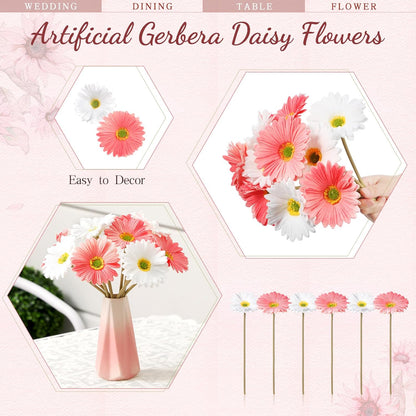 12 Pcs Artificial Gerbera Daisy Flowers PU Fake Daisy Decorations Realistic Touch Bouquet with Stems Home Table Centerpieces for Wedding Birthday Baby Shower Party Supplies (Pink,White,Yellow)