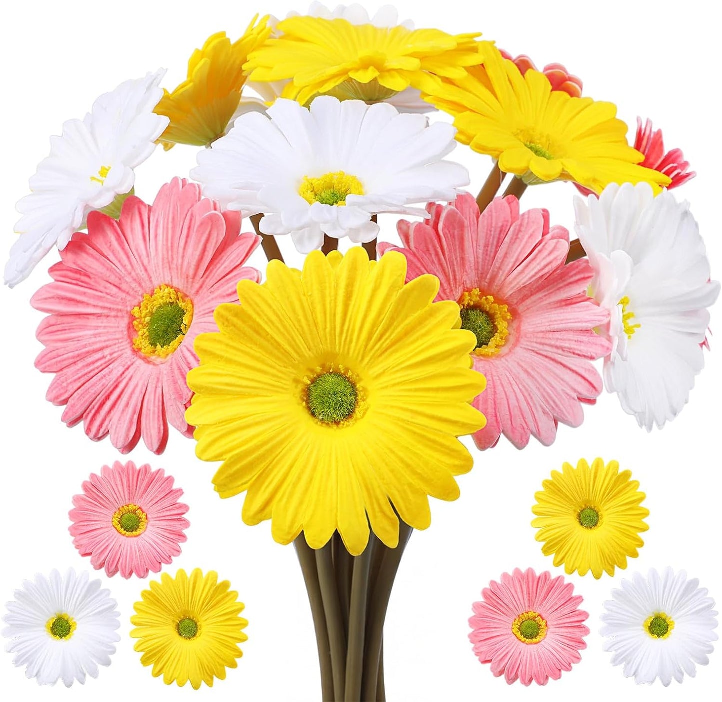 12 Pcs Artificial Gerbera Daisy Flowers PU Fake Daisy Decorations Realistic Touch Bouquet with Stems Home Table Centerpieces for Wedding Birthday Baby Shower Party Supplies (Pink,White,Yellow)