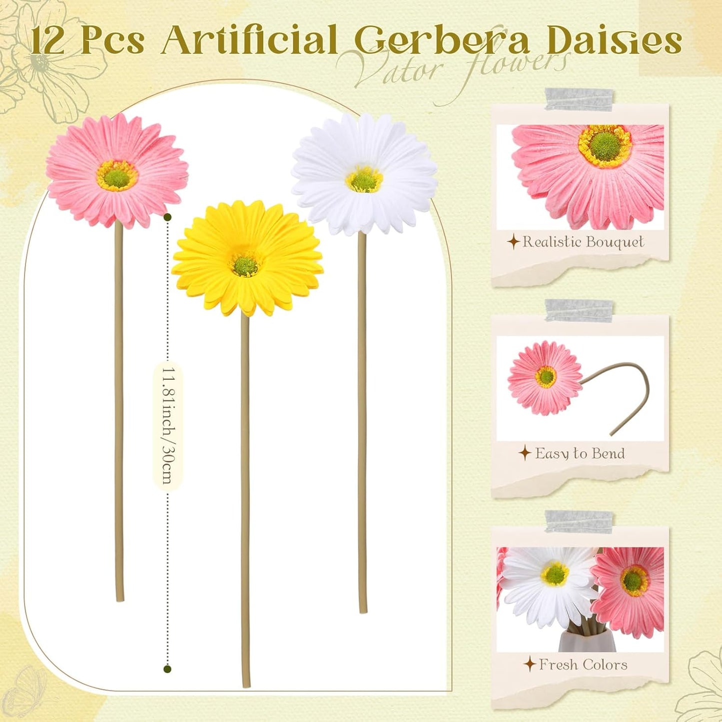 12 Pcs Artificial Gerbera Daisy Flowers PU Fake Daisy Decorations Realistic Touch Bouquet with Stems Home Table Centerpieces for Wedding Birthday Baby Shower Party Supplies (Pink,White,Yellow)