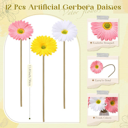 12 Pcs Artificial Gerbera Daisy Flowers PU Fake Daisy Decorations Realistic Touch Bouquet with Stems Home Table Centerpieces for Wedding Birthday Baby Shower Party Supplies (Pink,White,Yellow)