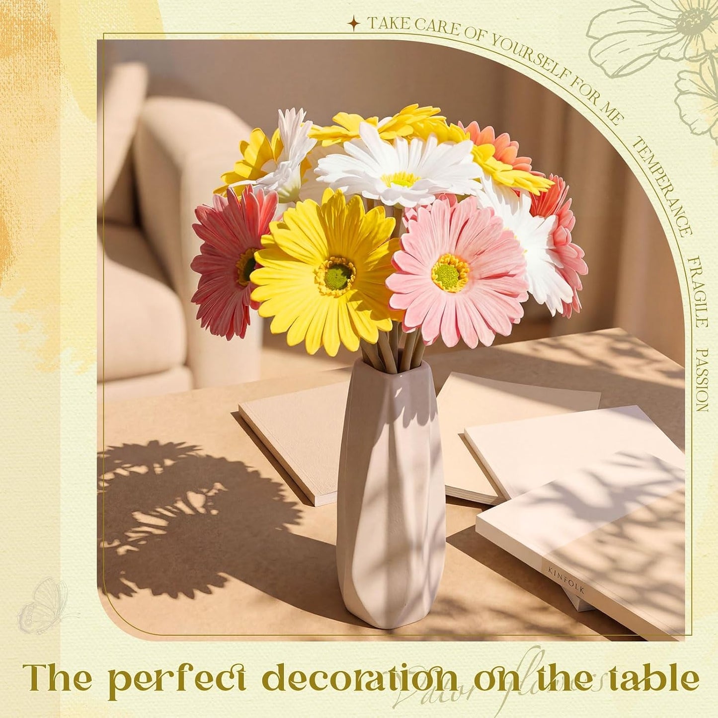 12 Pcs Artificial Gerbera Daisy Flowers PU Fake Daisy Decorations Realistic Touch Bouquet with Stems Home Table Centerpieces for Wedding Birthday Baby Shower Party Supplies (Pink,White,Yellow)
