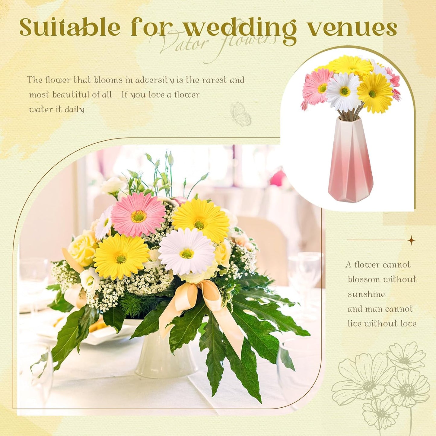 12 Pcs Artificial Gerbera Daisy Flowers PU Fake Daisy Decorations Realistic Touch Bouquet with Stems Home Table Centerpieces for Wedding Birthday Baby Shower Party Supplies (Pink,White,Yellow)
