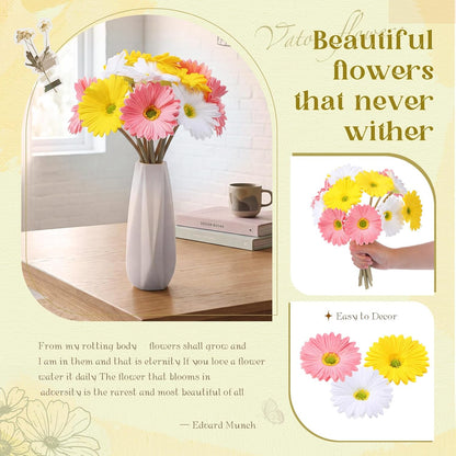 12 Pcs Artificial Gerbera Daisy Flowers PU Fake Daisy Decorations Realistic Touch Bouquet with Stems Home Table Centerpieces for Wedding Birthday Baby Shower Party Supplies (Pink,White,Yellow)