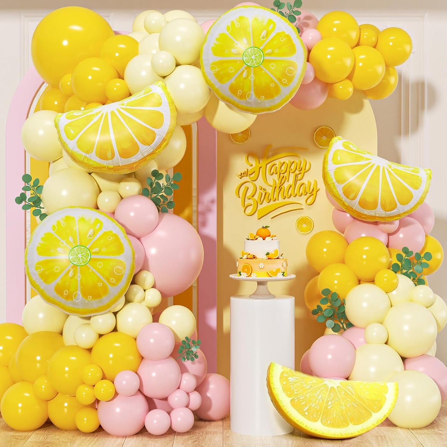 Lemon Balloon Garland Arch Kit 142Pcs, Pink and Yellow Balloons Arch Kit, Pastel Yellow Light Pink Balloons for Lemon Baby Shower Main Squeeze Bridal Shower Lemonade Birthday Party Decor