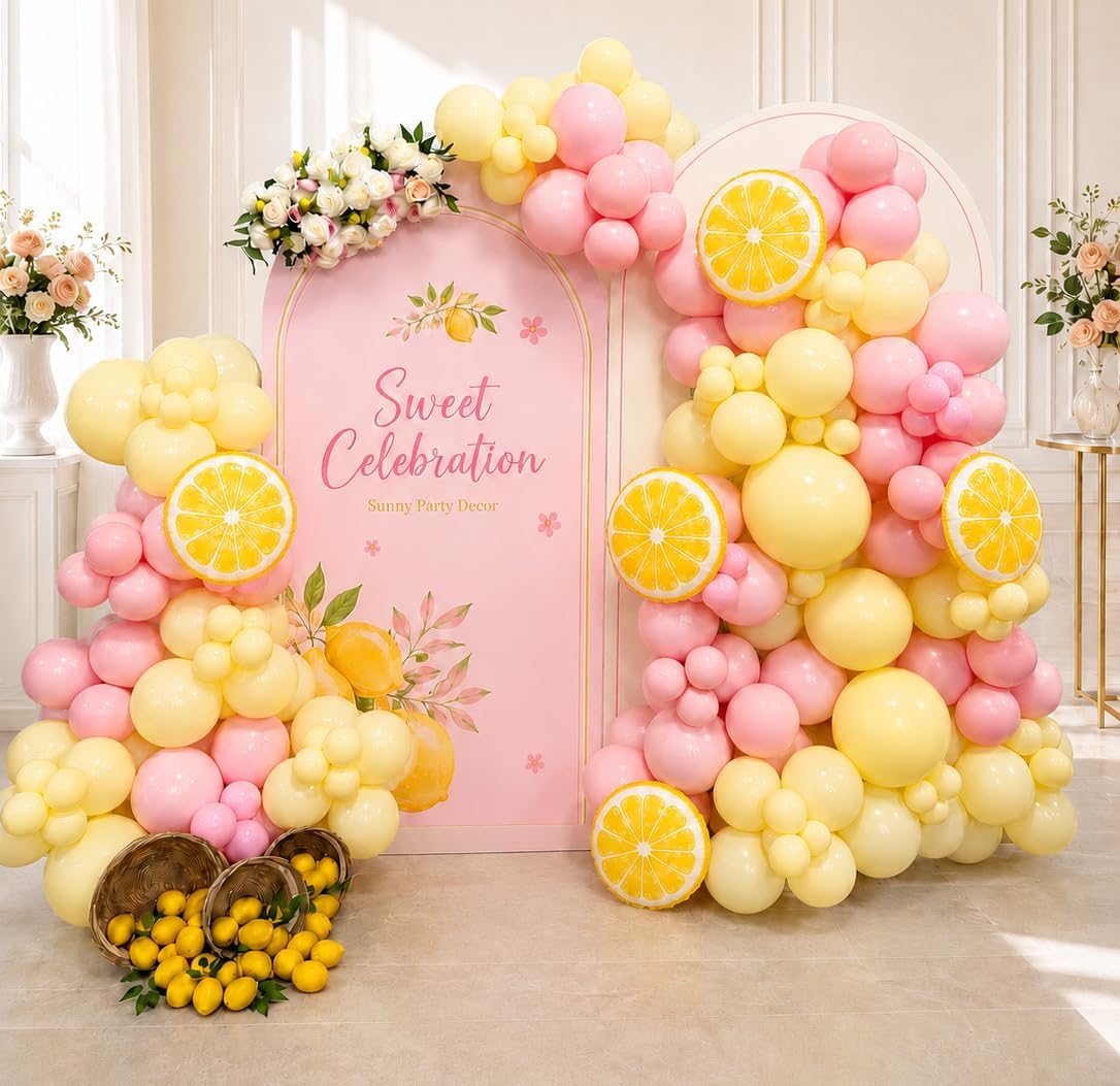 Lemon Balloon Garland Arch Kit 142Pcs, Pink and Yellow Balloons Arch Kit, Pastel Yellow Light Pink Balloons for Lemon Baby Shower Main Squeeze Bridal Shower Lemonade Birthday Party Decor
