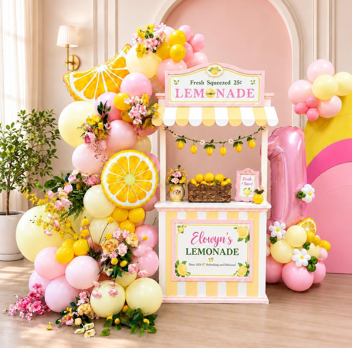 Lemon Balloon Garland Arch Kit 142Pcs, Pink and Yellow Balloons Arch Kit, Pastel Yellow Light Pink Balloons for Lemon Baby Shower Main Squeeze Bridal Shower Lemonade Birthday Party Decor