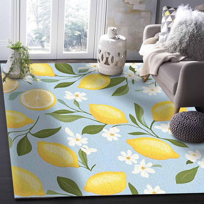 Lemon Teal Blue Area Rug for Living Room 2x3 Modern Rug Washable Abstract Area Rug Large Non Slip Spring Summer Fruits Leaf Floral Textured Floor Carpet Mat Soft Indoor Rug for Bedroom Nursery Office