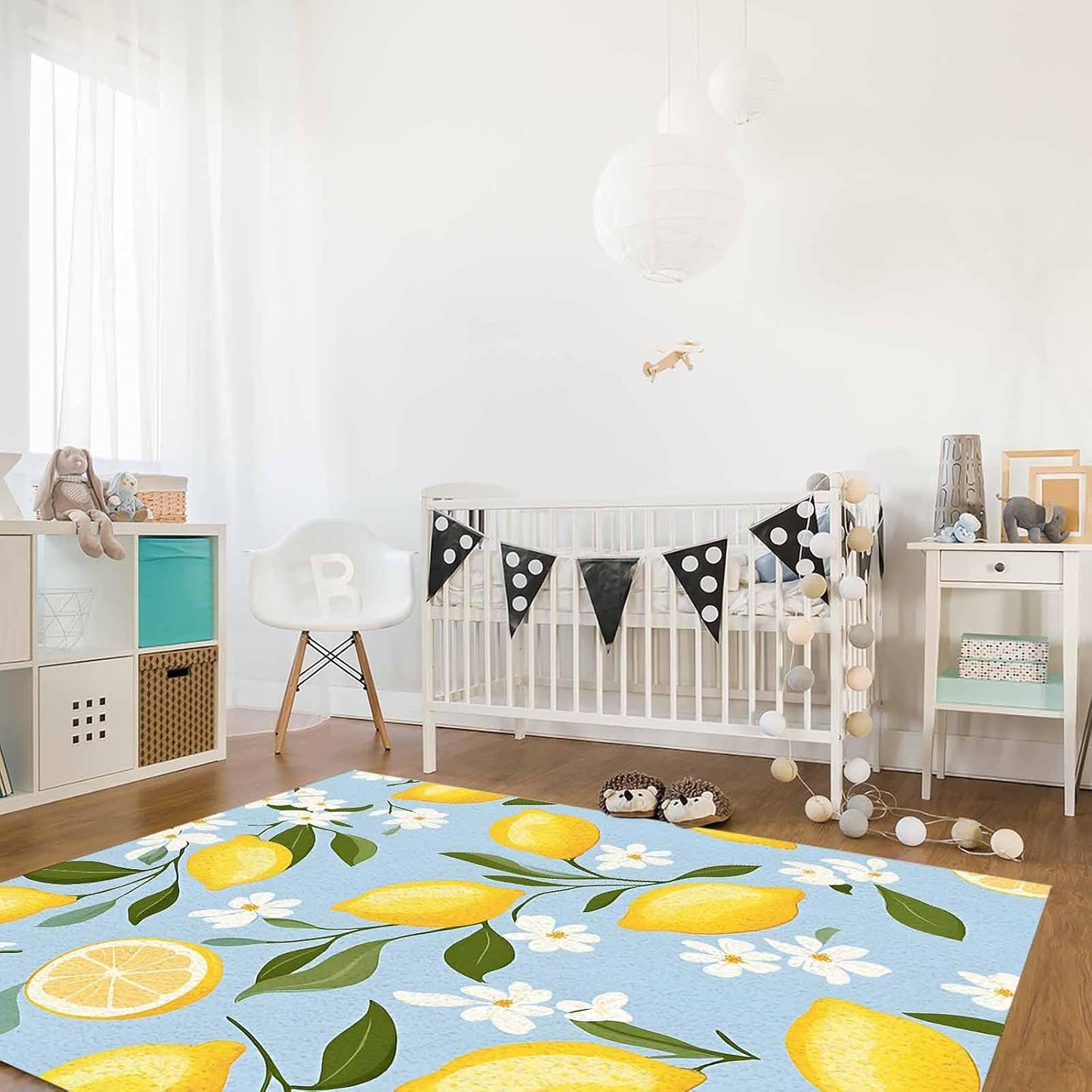 Lemon Teal Blue Area Rug for Living Room 2x3 Modern Rug Washable Abstract Area Rug Large Non Slip Spring Summer Fruits Leaf Floral Textured Floor Carpet Mat Soft Indoor Rug for Bedroom Nursery Office